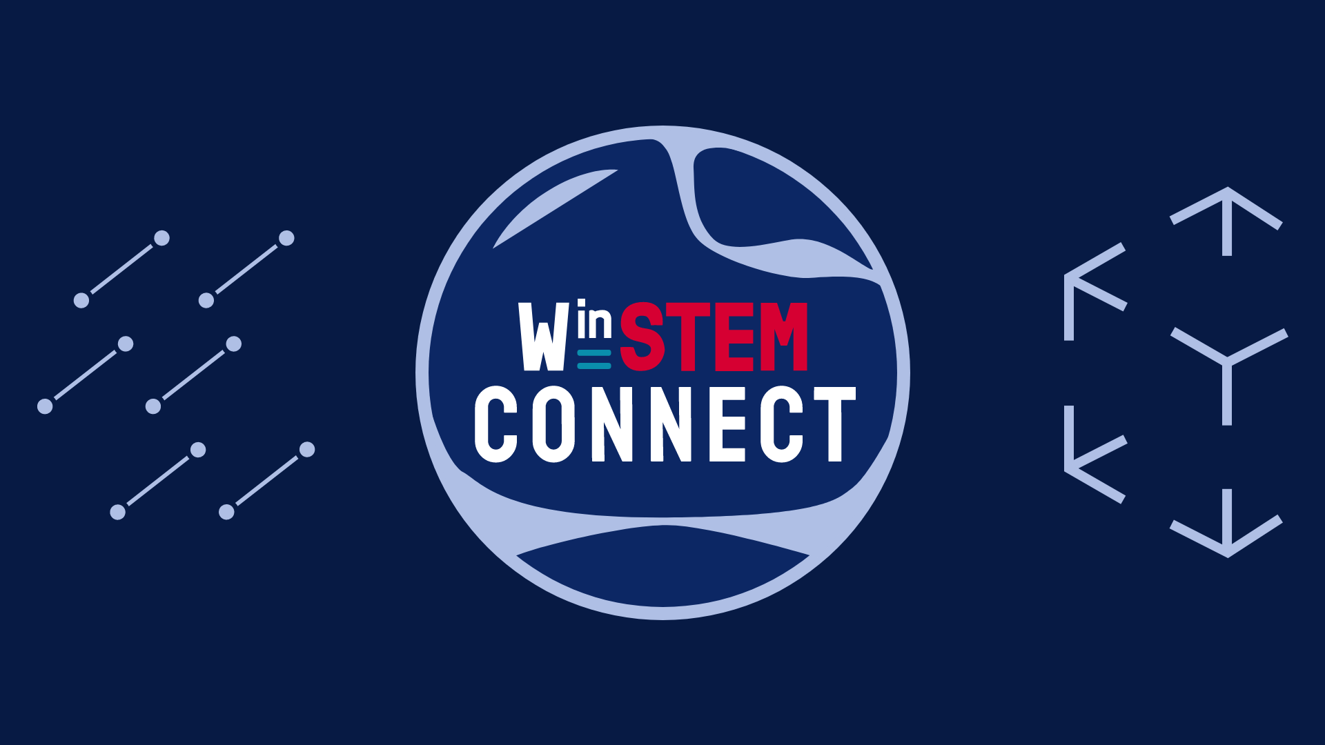 The Women in Stem Connect logo which consists of a two-tone light blue bubble on a dark blue background. The bubble contains the text W in Stem Connect in block capitals in white and red to match the Edinburgh University Women in Stem logo. On the left side of the bubble are some light blue dots connected by diagonal lines and on the right are light blue shapes forming the corners of a cube.