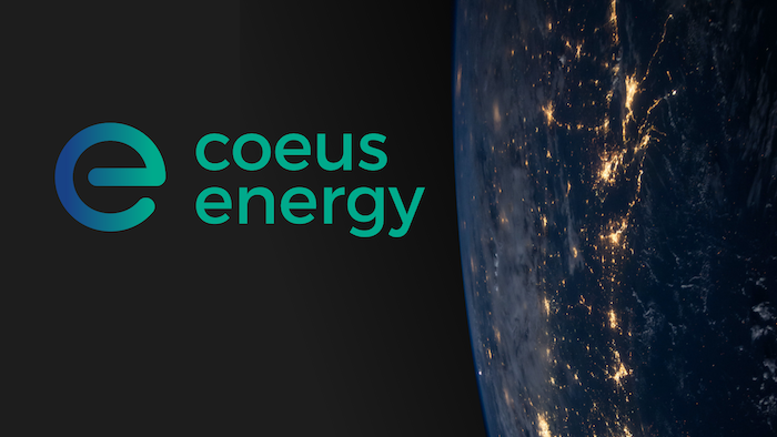 The Coeus Energy logo consisting of a lowercase E with a horizontal green to blue gradient next to green text reading Coeus Energy. To the right of the logo is an image of the Earth from space with a few cities lit up.