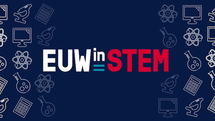 The Edinburgh University Women in Stem Society logo text which consists of white block capital letters EUW followed by a smaller lowercase in above two vertical teal lines followed by red block capitals STEM. The background is dark blue and has a repeating alternating pattern of white icons fading out on the left and right featuring a computer screen, an atom, a round-bottom chemistry flask, a calculator and a microscope.