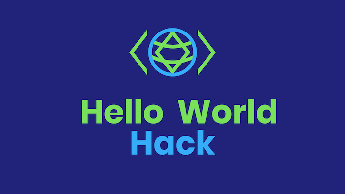 The Hello World Hack 2019 logo consisting of a light blue circle containing a green diamond with two horizontal lines curved down the way. The circle also has two green arrows on the left and right pointing away from it. Below the logo, it says Hello World in green and Hack in light blue. The background is dark blue.