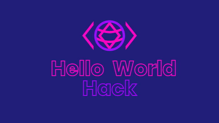 The Hello World Hack 2020 logo consisting of a light purple circle containing a pink diamond with two horizontal lines curved down the way. The circle also has two pink arrows on the left and right pointing away from it. Below the logo, it says Hello World in pink outlined text and Hack in light purple outlined text. The background is dark blue.