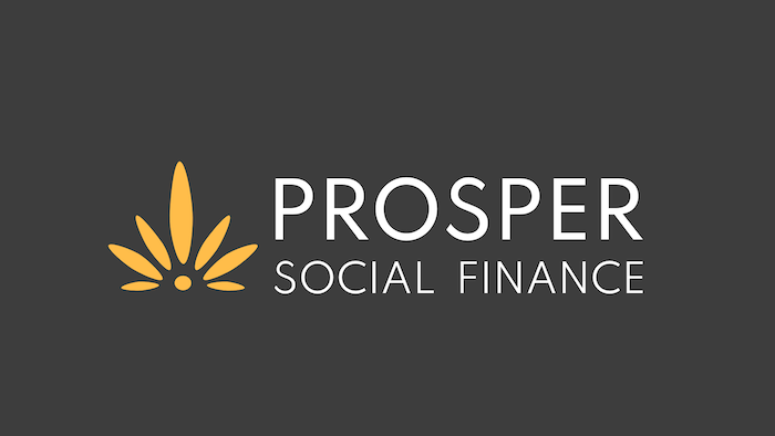 The Prosper Social Finance logo which consists of a yellow 7-pointed flower with all the points on the top half. Next to the icon is large white text that reads Prosper and below it in smaller text Social Finance on a grey background.