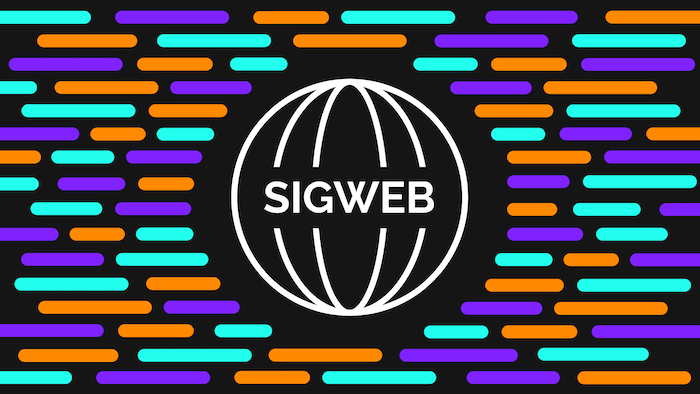 The Sigweb logo consisting of a white circle with two inner vertical white ovals forming a globe. The word Sigweb is written in white block capitals in the centre of the circle, cutting through the inner two oval lines. This is surrounded by varying-sized orange, teal and purple horizontal lines on a black background.